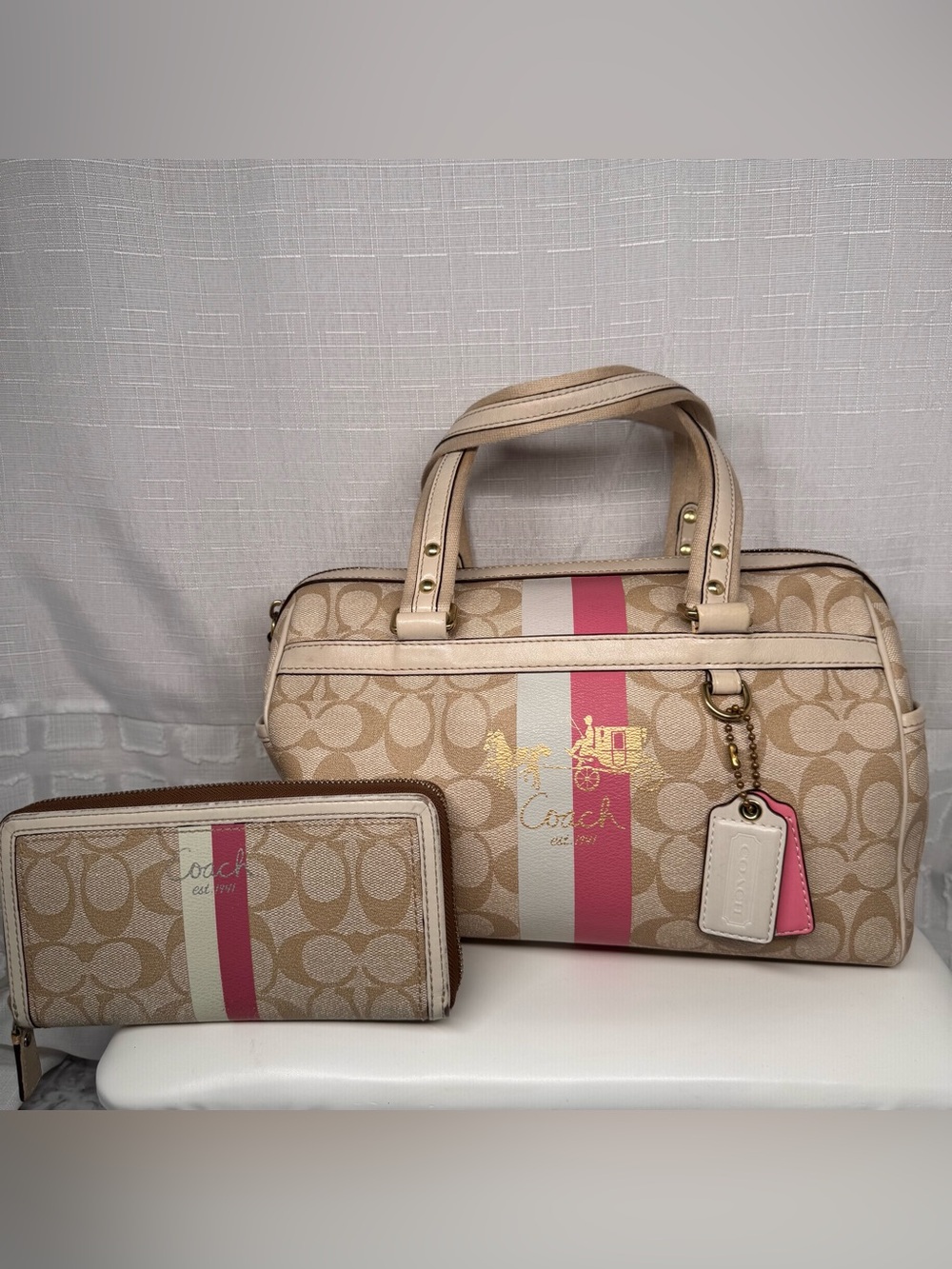 SOLD-Coach Heritage Stripe signature canvas SET
